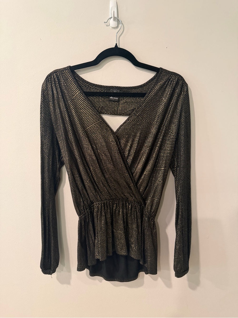 Ella Moss Black & Gold Metallic Wrap Peplum Long-Sleeve Top